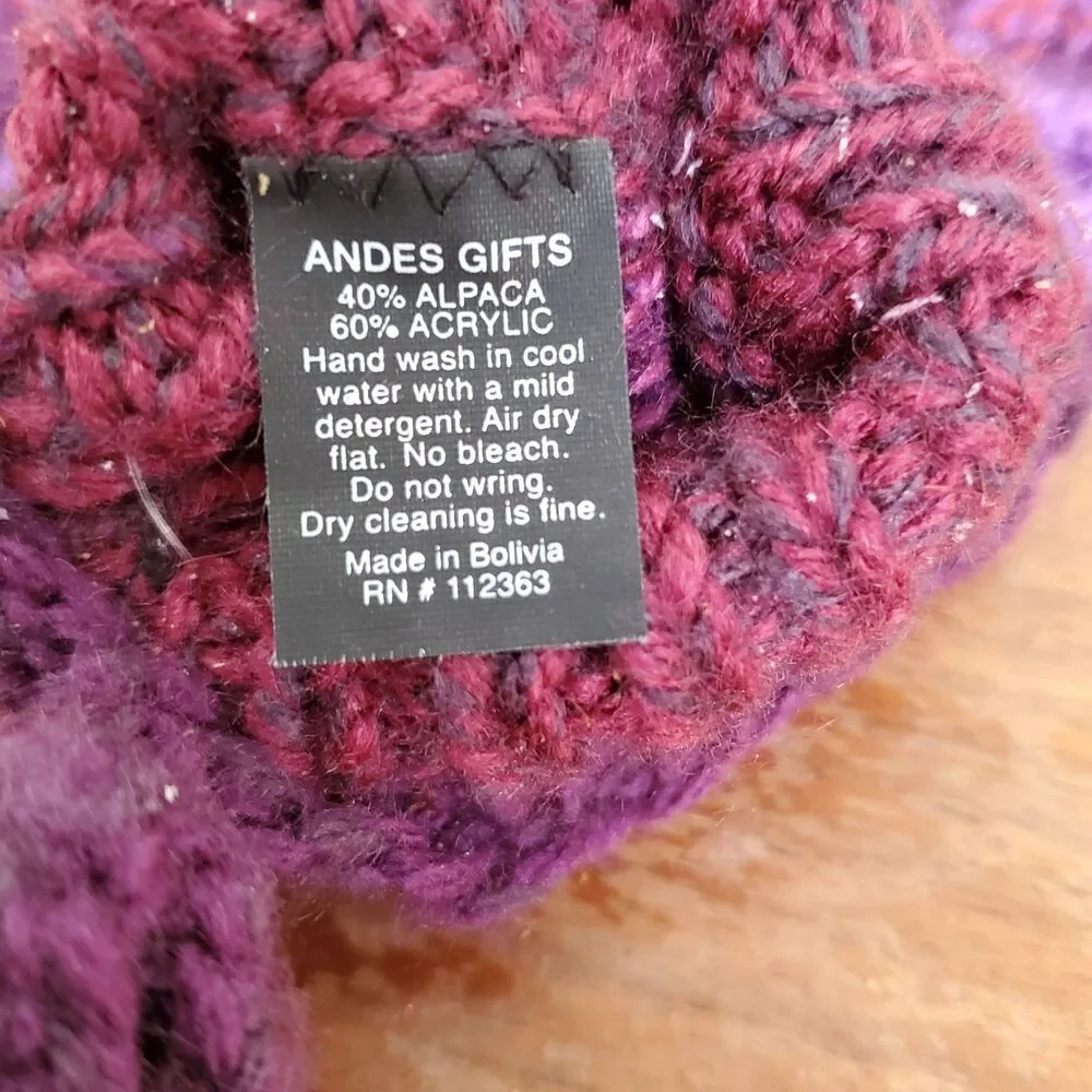 ANDES GIFTS Fingerless Gloves Red Pink Purple Striped Knit Handmade Alpaca Blend